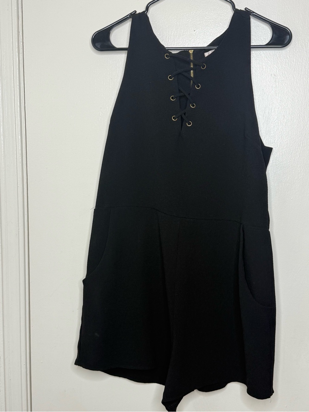 Xhilaration Black Lace-Up Romper Size M Sleeveless Pockets Gold Zip
